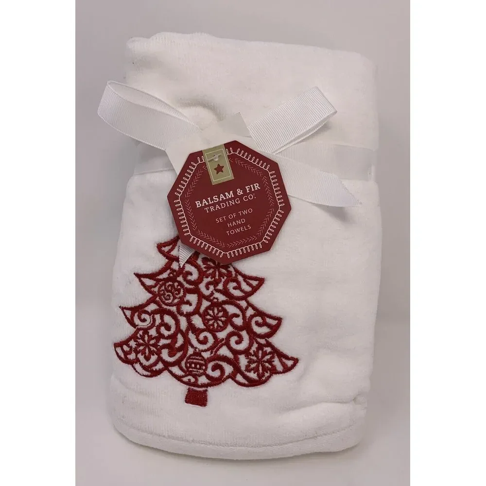 Balsam‎ & Fir Trading Co Christmas Hand Towel Set Red Trees Embroidered Holiday